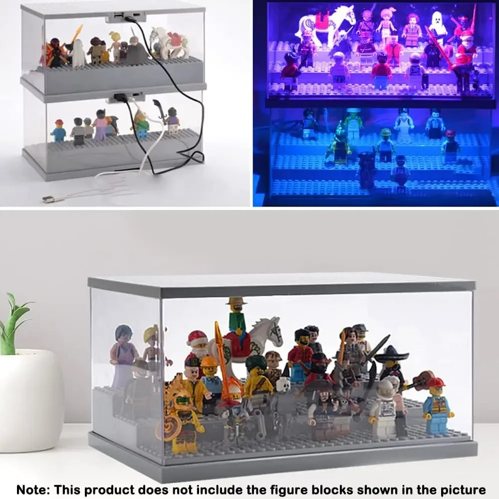 Vitrina para minifiguras con luces LED - Caja de exhibición de acrílico transparente a prueba de polvo para bloques de construcción y coleccionables