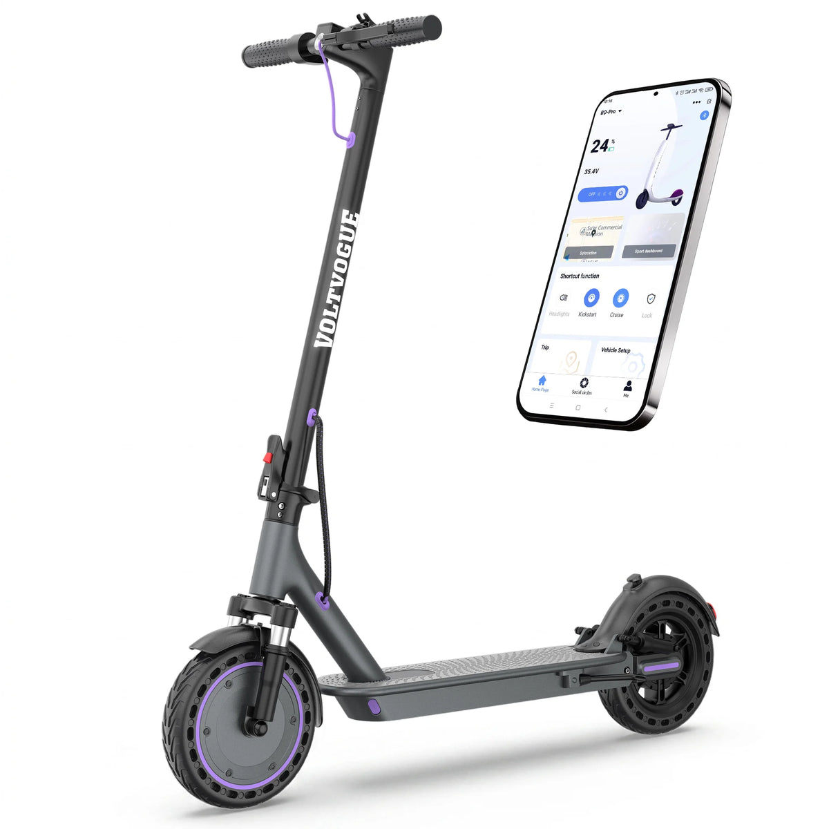Patinete eléctrico plegable negro y detalles morados con app mostrada en el móvil