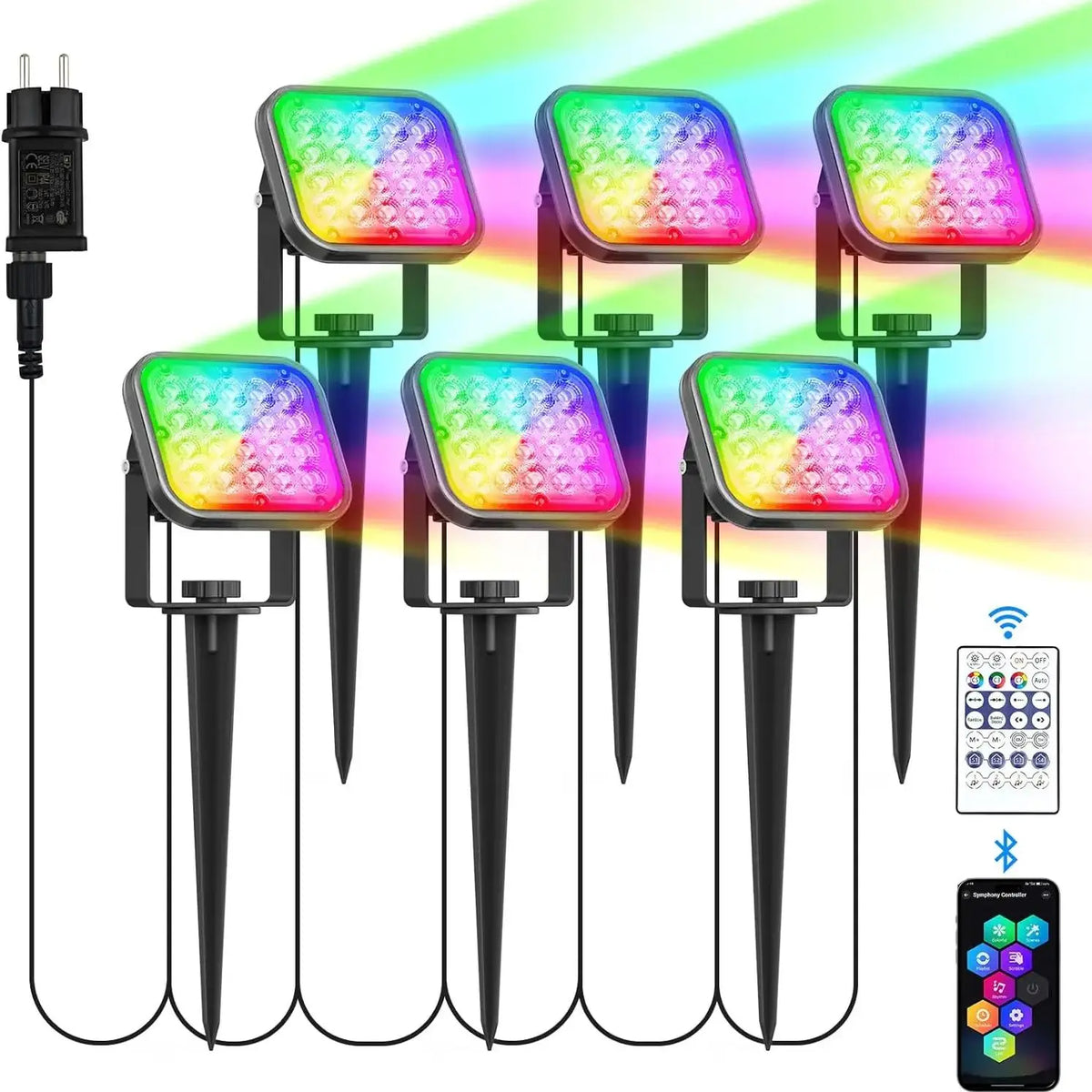Focos LED para jardín con estaca, protección IP65, cambio de color RGB, control remoto y por aplicación, iluminación para césped, patio y senderos