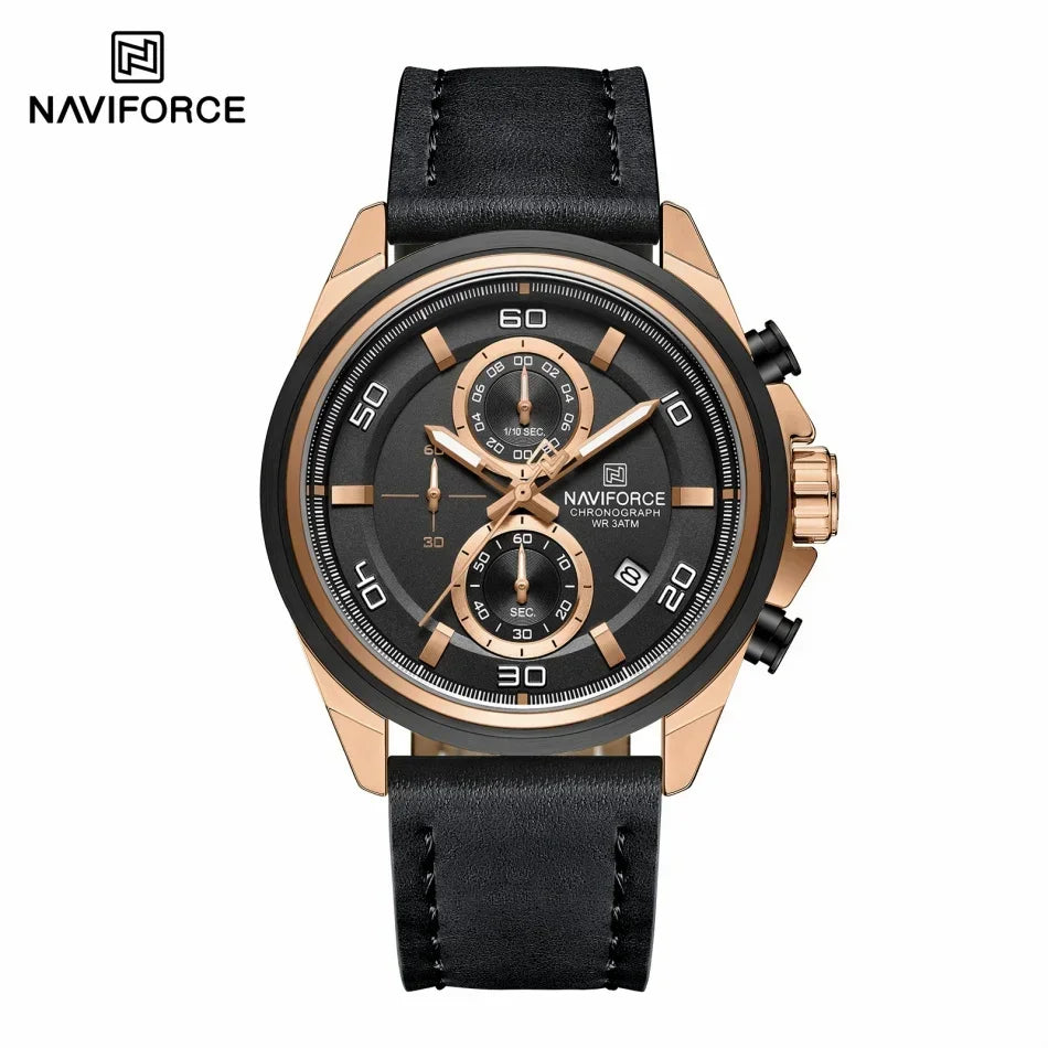 Reloj de pulsera para hombre NAVIFORCE, original, de negocios, de lujo, con correa de cuero, cronógrafo deportivo, resistente al agua 3ATM, de cuarzo