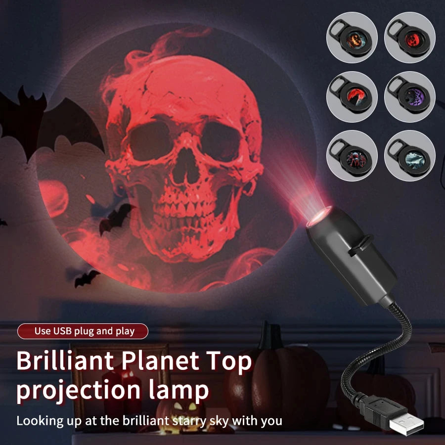 Lámpara de proyección LED de Halloween por USB, luz con 3/6 patrones de fantasma, murciélago, araña, esqueleto, luz de ambiente de Halloween, decoración festiva