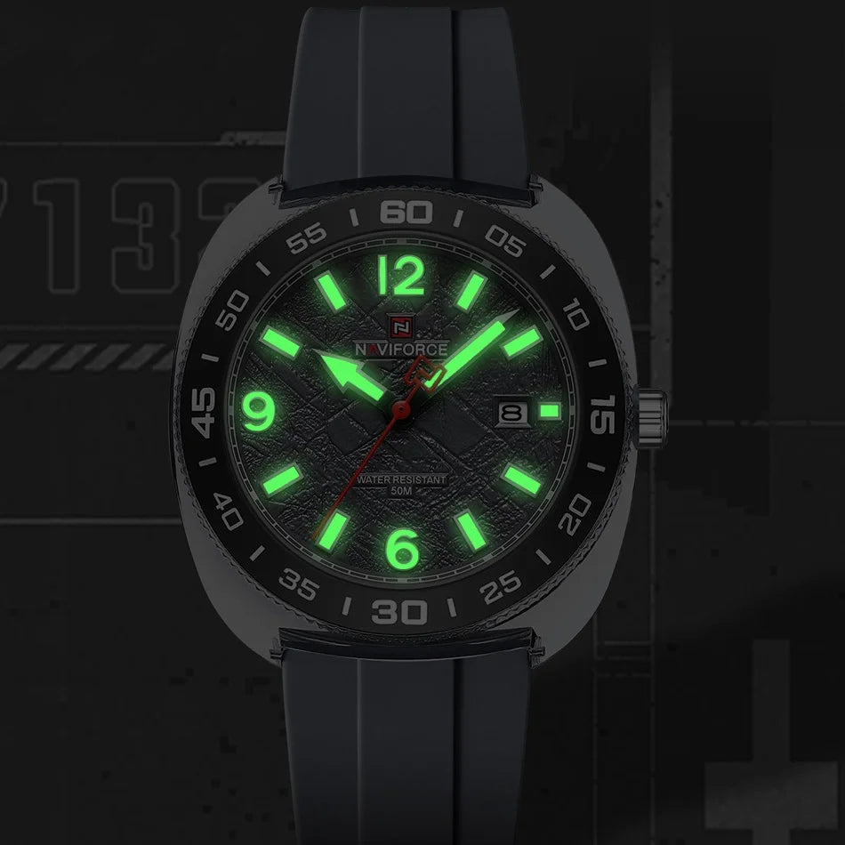 Nuevo reloj de moda para hombre NAVIFORCE con movimiento de cuarzo, pantalla con manecillas luminosas, resistencia al agua de 50 m y correa de silicona