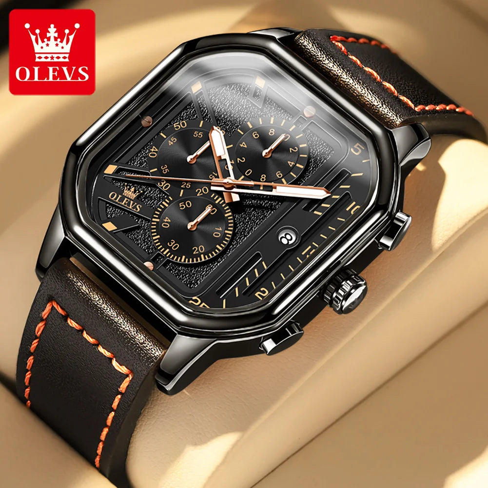 Reloj de pulsera de cuarzo original para hombre OELVS 9950, resistente al agua, luminoso, con correa de piel, cronógrafo, fecha y tres subesferas