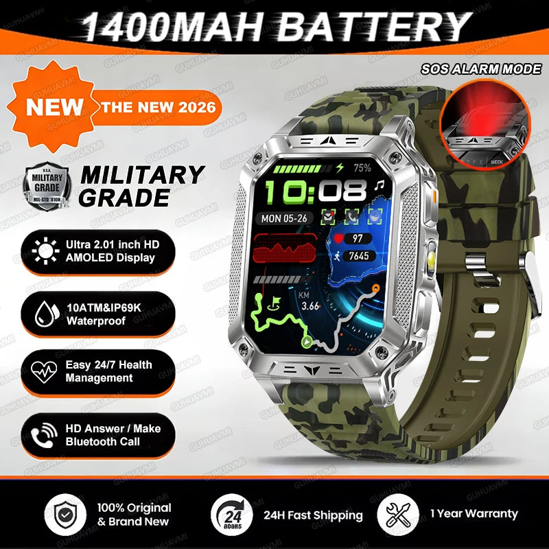 Reloj inteligente militar 2026 TANK, nuevo, 1400 mAh, GPS, pantalla AMOLED de 2.01", resistente al agua 10ATM, reloj, llamada SOS, linterna, para hombre, compatible con iOS
