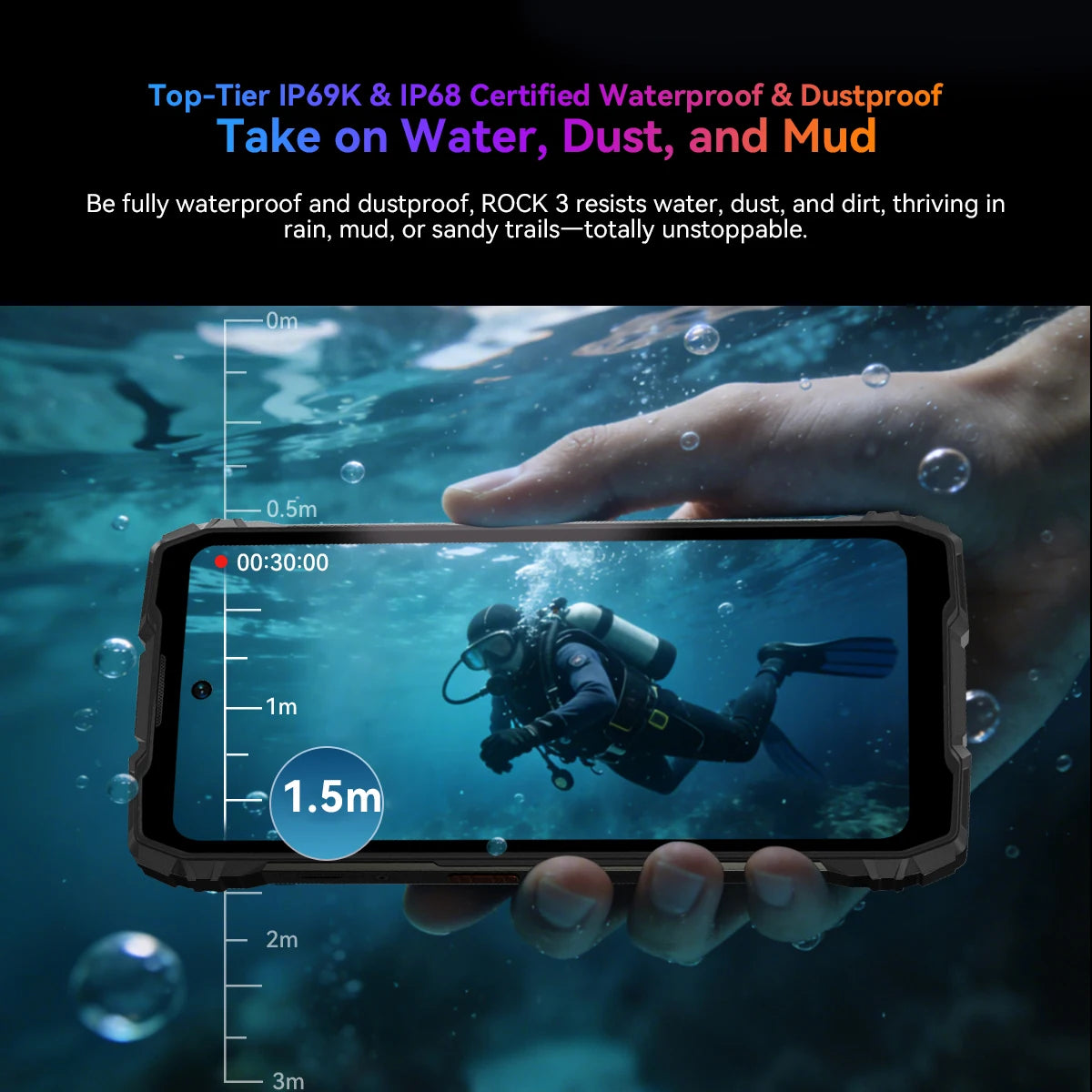 Smartphone resistente Blackview ROCK 3, pantalla de 6,78" 2,4K 120Hz, 32GB (8+24GB de expansión de RAM) + 256GB ROM, MediaTek G100, cámara de 100MP, batería de 10000mAh, NFC, teléfono móvil resistente al agua IP68 con Android 16