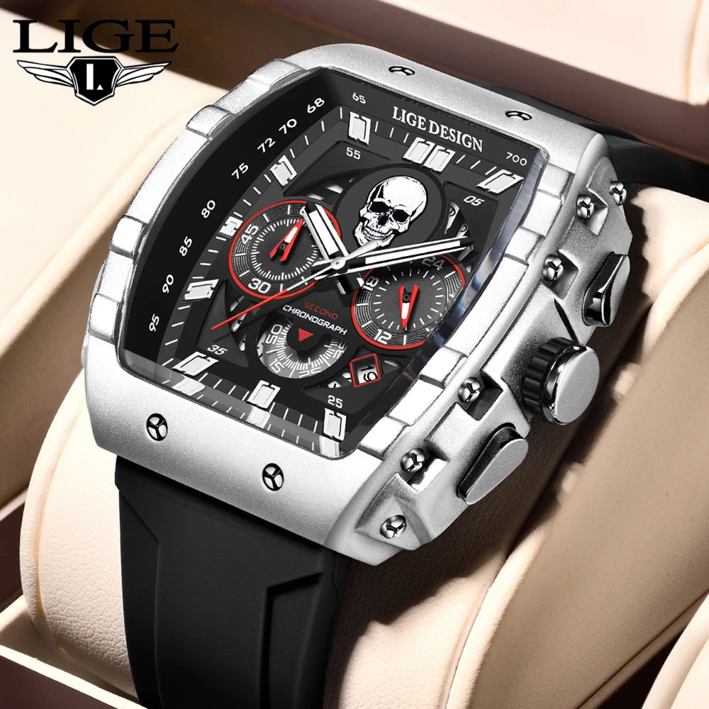 Reloj de hombre marca LIGE con esfera de calavera esqueleto, reloj deportivo militar para hombre, reloj de pulsera de cuarzo impermeable, casual, de moda y de lujo + caja