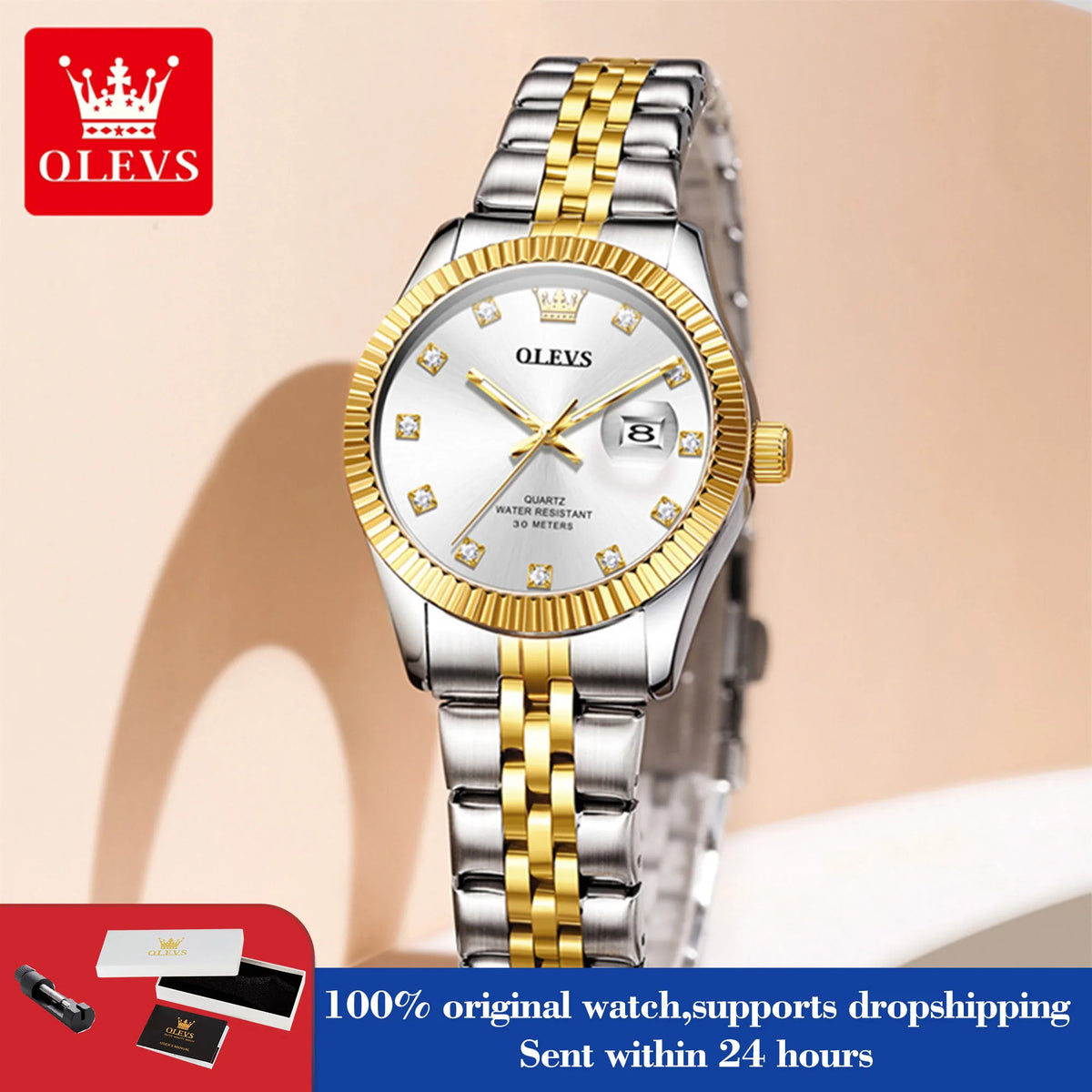 Reloj de mujer OLEVS 3705, resistente al agua 30M, reloj de cuarzo con fecha para mujer, espejo de alta dureza, escala de diamantes, reloj de lujo para dama