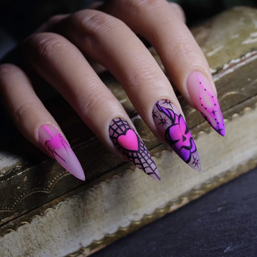 24 Uds uñas postizas de color rojo sangre gradiente parche de uñas postizas de punta larga cubierta completa puntas de uñas postizas usables juegos de manicura de Halloween