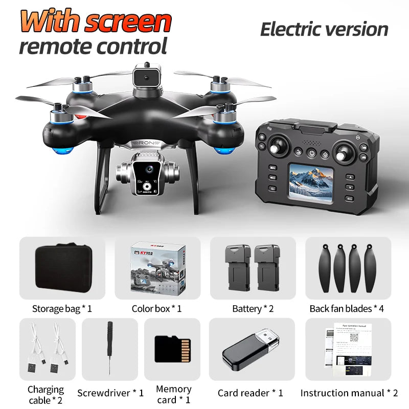 Dron negro con control remoto de pantalla y accesorios: bolsa, batería y 4 palas.