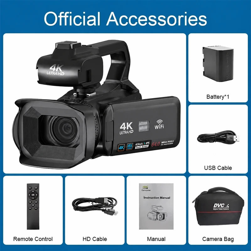Cámara de vídeo profesional 4K para fotografía, Zoom Digital 18X, cámaras Vlog de visión nocturna, videocámara web WiFi de 64MP