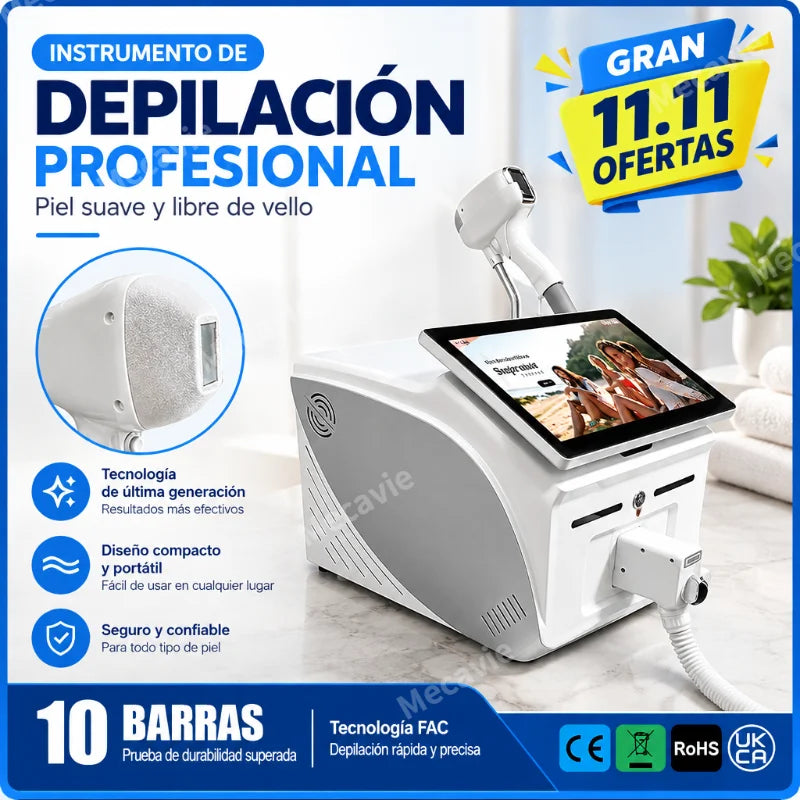 Máquina de depilación láser de diodo Mecavie 6 longitudes de onda 6000W 10 barras tecnología FAC refrigeración TEC puntas intercambiables pantalla táctil múltiples idiomas monitoreo en tiempo real certificada CE RoHS U