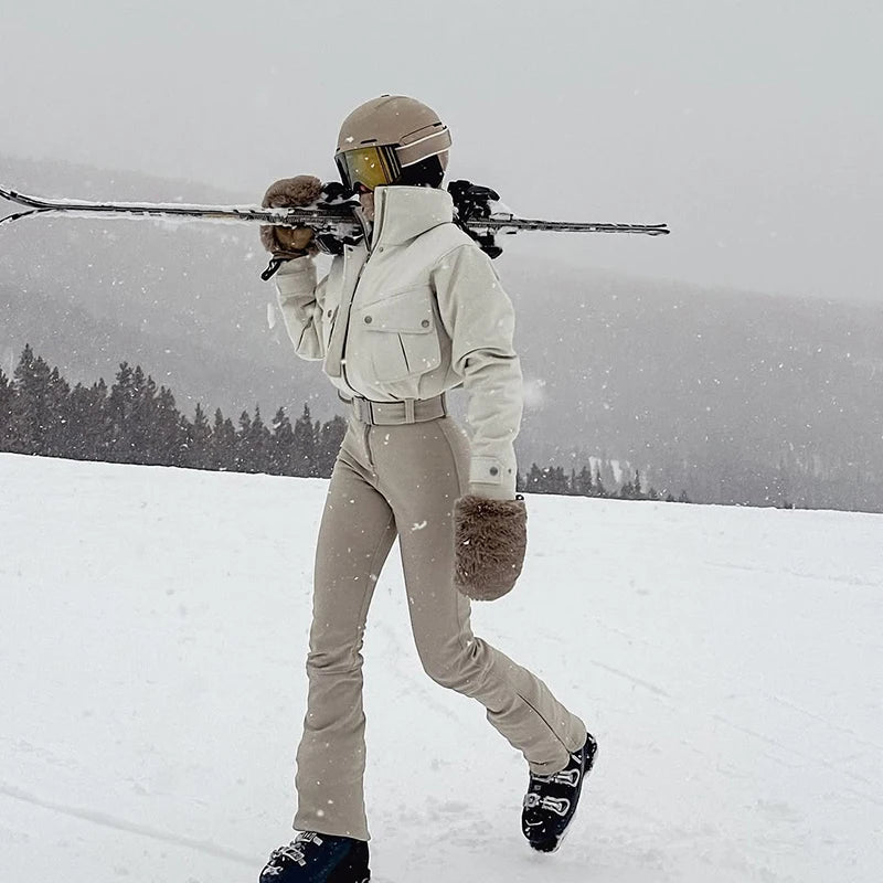 Traje de esquí de una pieza para mujer, mono con cinturón, corte ajustado y acampanado, mono de snowboard, cortavientos, con bolsillos, ropa de esquí de invierno para actividades al aire libre.