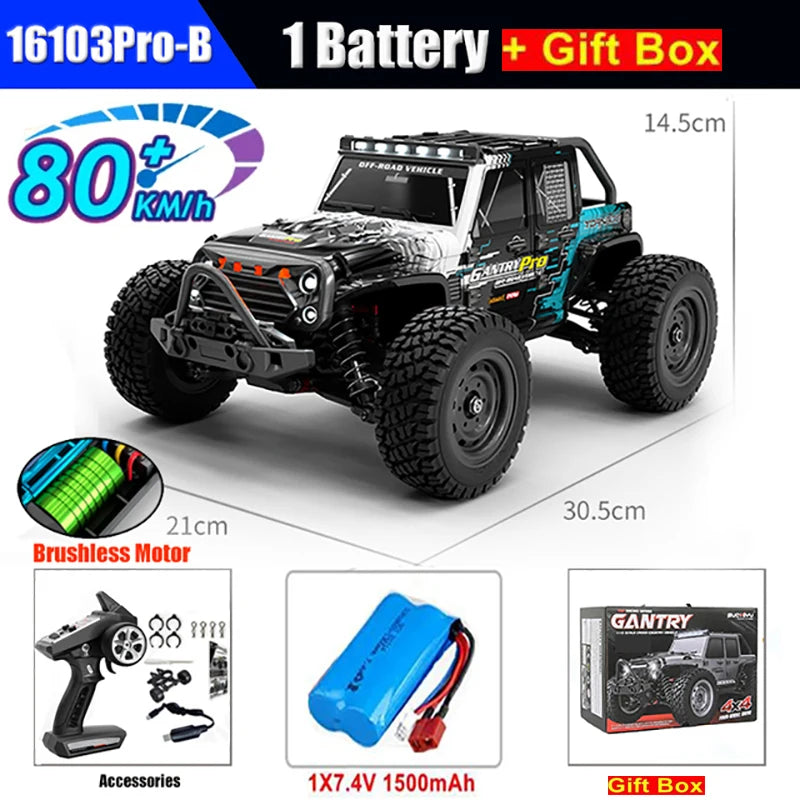 Coches RC de 50 u 80 km/h, escala 1/16, todoterreno, derrape, 4WD con LED, control remoto 2.4G, camión monstruo impermeable, regalo de juguete para adultos y niños