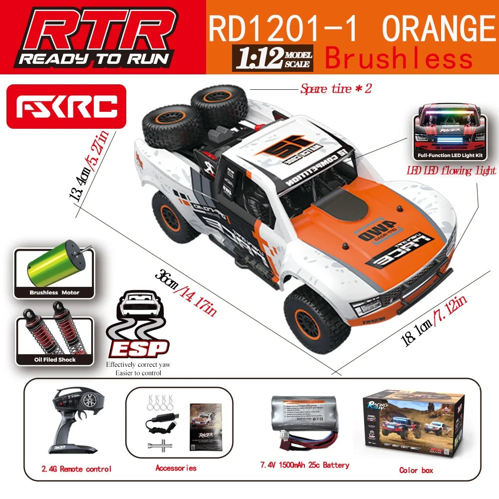 Coche RC HuangBo HB-RD1201 1:12 4WD, Camioneta de Carreras con Luces LED, Control de Crucero y Giroscopio – Juguete RC para Niños y Adultos