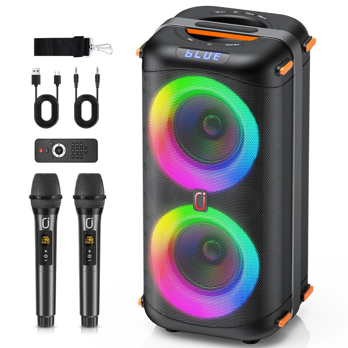 Altavoz inalámbrico Bluetooth T27, máquina de karaoke con 2 micrófonos, altavoz de karaoke para fiestas en casa con luz LED