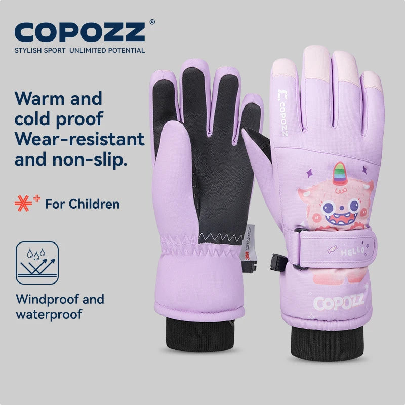 COPOZZ guantes de invierno de dibujos animados para niños y niñas, guantes gruesos impermeables para niños, guantes de esquí para Snowboard, montar, ciclismo, guantes de nieve para niños
