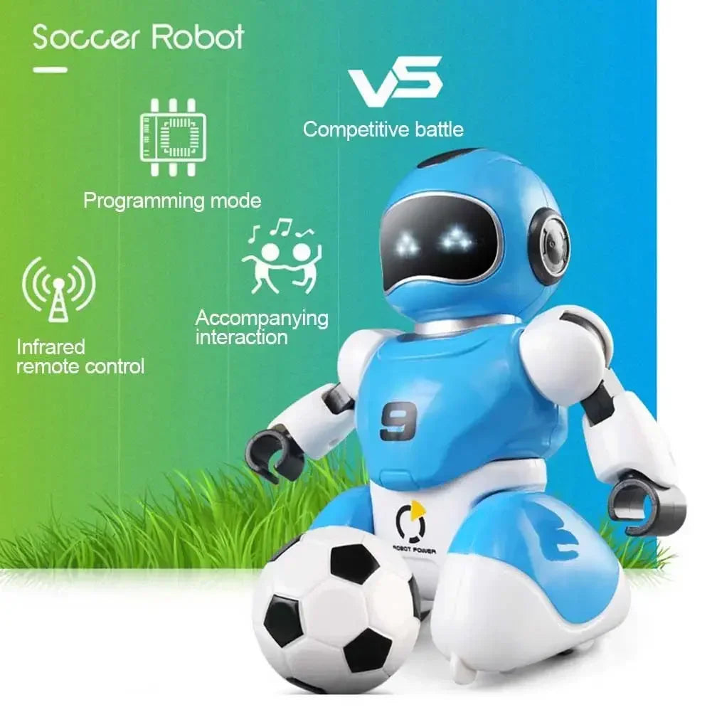 Robot de fútbol RC azul con pantalla luminosa y balón negro, en caja ilustrada.