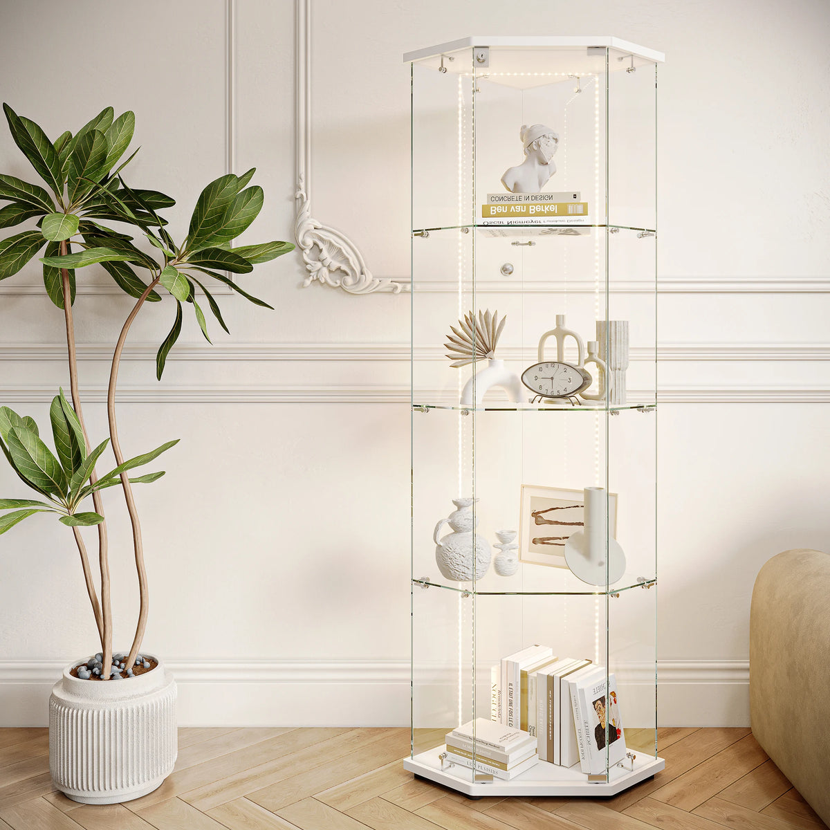 Vitrina de cristal Rosahqnda con luces LED, vitrina de 4 niveles para sala de estar, dormitorio, armario esquinero, blanco/negro, 162x60