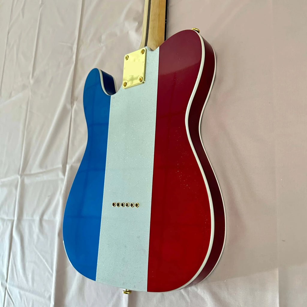 Guitarra Eléctrica Roja, Plateada y Azul con Brillantina, Rayas Verticales, Herrajes Dorados, Pastillas Individuales, Estilo Vintage Country Rock, En Stock