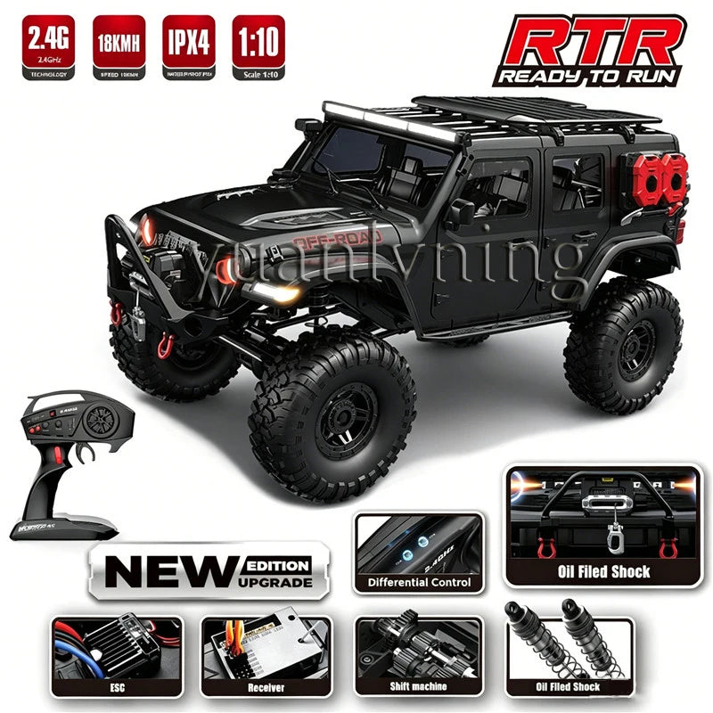 Coche RC 1/10 vehículo a control remoto 2.4G rock crawler de escala completa, camión todoterreno 4WD para escalar con luz LED