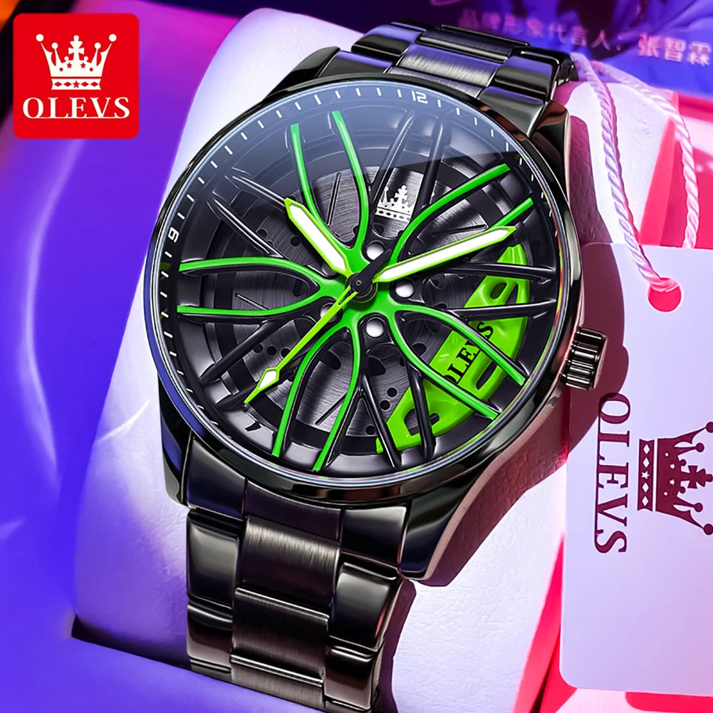 Reloj de lujo para hombre OLEVS 9937, resistente al agua, diseño de llanta de coche deportivo, reloj de cuarzo para hombre, de alta calidad, a la moda, el más vendido, luminoso.