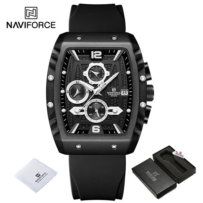 Reloj de cuarzo multifunción NAVIFORCE para hombre, deportivo, resistente al agua, con correa de silicona, calendario y cronógrafo, modelo NF8025
