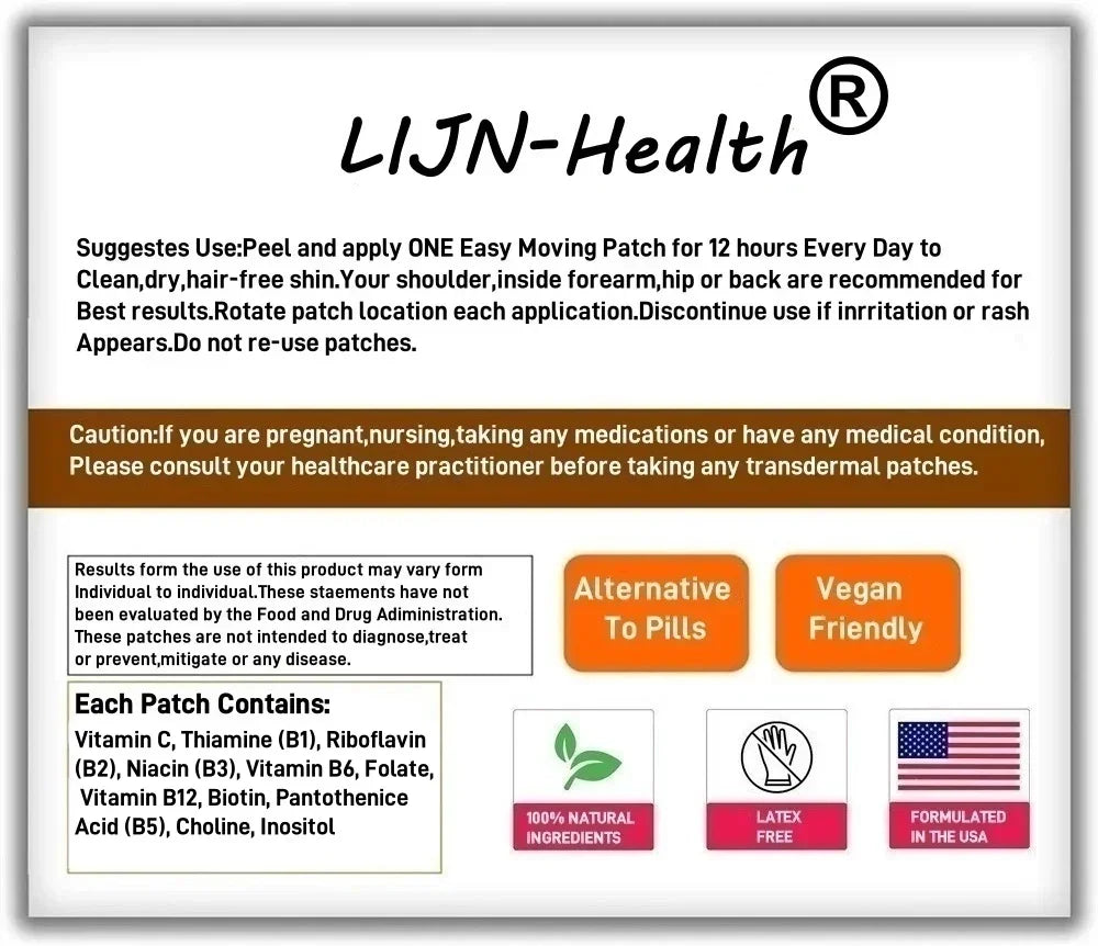 Parches transdérmicos de vitamina B, ácido fólico, vitamina C, energía y soporte del metabolismo, 30 parches