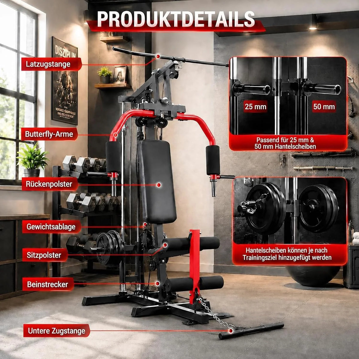 Gimnasio multifuncional profesional con cordones integrados y sistema de doble cable-Max. capacidad de carga de 180 kg para entrenamiento de fuerza exigente