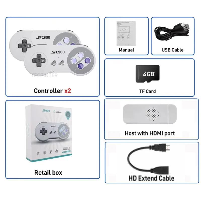 Set consola retro con host HDMI, dos mandos, cable USB, tarjeta TF y cable HDMI