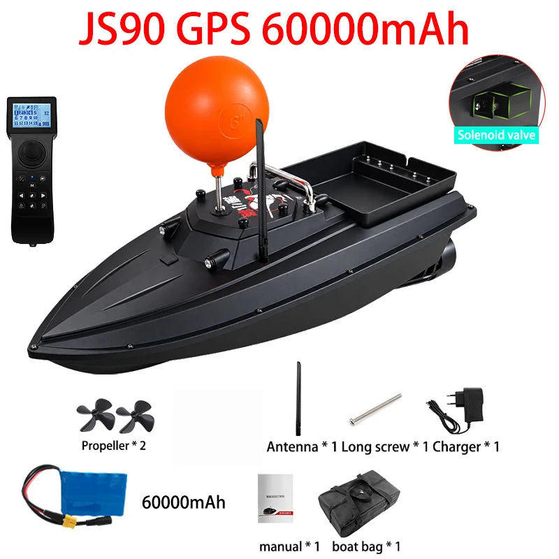 JS90 Barco cebador GPS 12V, velocidad 280 m/min, 100 puntos de pesca, carga de 3 kg, crucero y retorno automático, ajuste de 3 velocidades, bola antivuelco