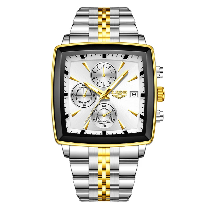 Relojes de lujo LIGE para hombre, esfera cuadrada, acero inoxidable, resistente al agua, luminoso, fecha automática, cronógrafo, reloj de cuarzo para hombre + caja