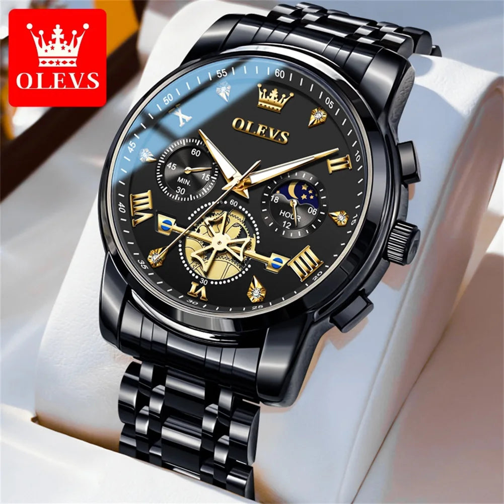 Relojes de cuarzo OLEVS 2856 para hombre, diseño de volante de moda, cronógrafo, resistente al agua, luminoso, calendario, fase lunar, relojes de pulsera para hombre