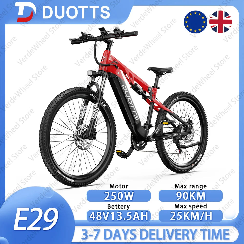 Bicicleta de montaña eléctrica DUOTTS E29 con motor de 250 W, ruedas de 27,5", batería de 48 V 13,5 Ah, autonomía de 90 km y frenos de disco hidráulicos para conducción todoterreno