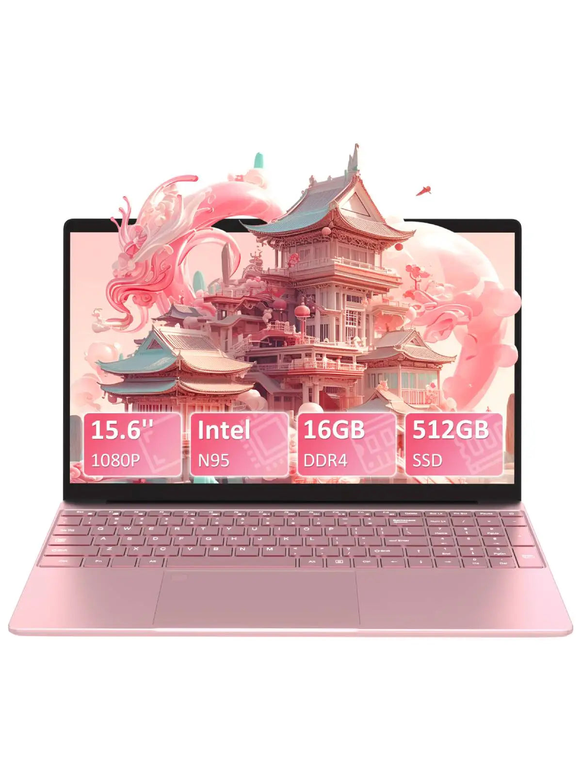 Portátil de 15,6 pulgadas en color rosa, procesador N95, 16 GB DDR4, SSD de 512 GB, desbloqueo por huella dactilar, pantalla FHD, teclado retroiluminado, interfaz múltiple