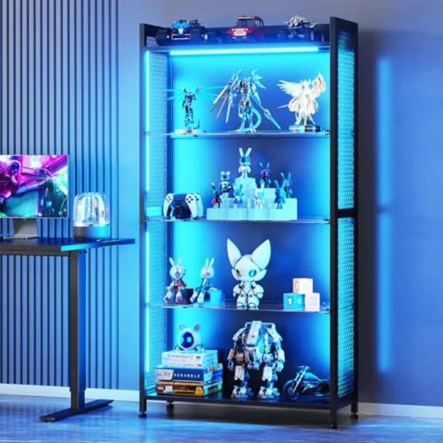 Vitrina negra de 4 niveles con estantes de vidrio y luces RGB azules, con figuras expuestas