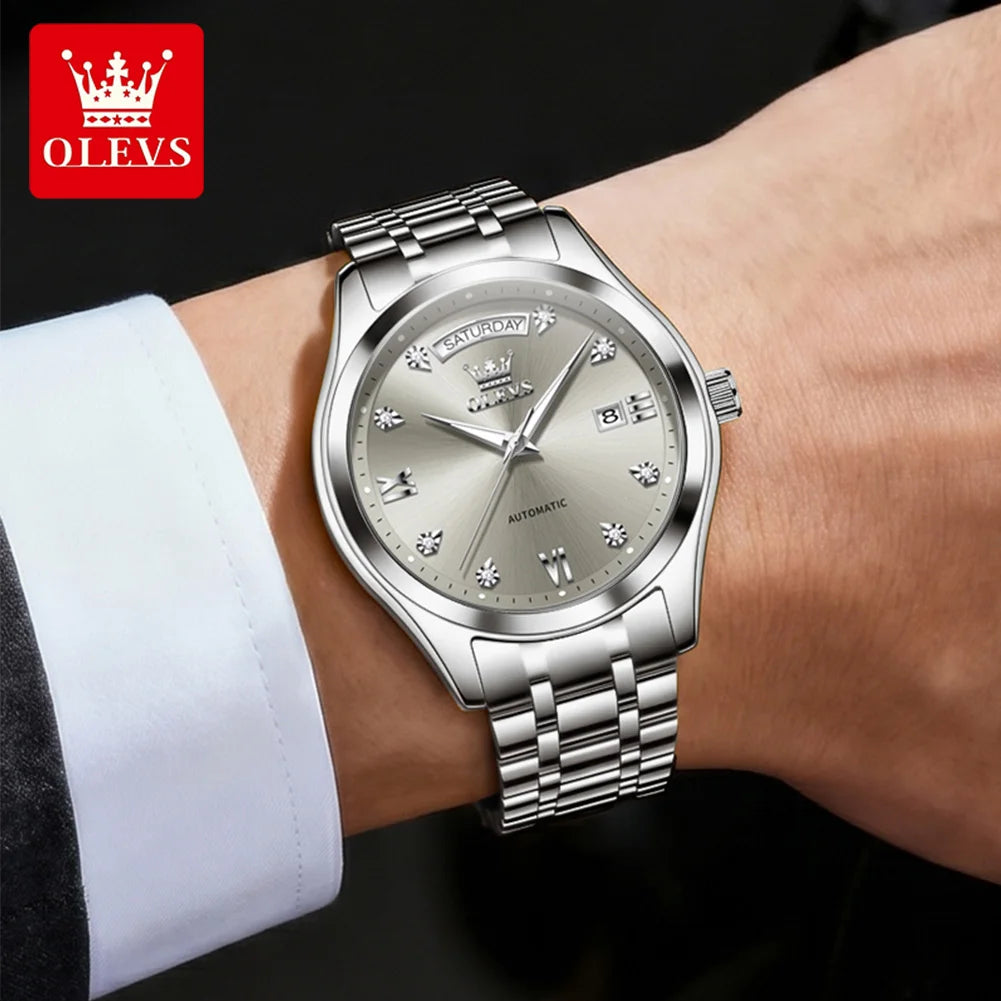 Reloj original de la marca OLEVS 6752 para hombre, reloj mecánico sencillo de lujo con correa de acero y caja de regalo.