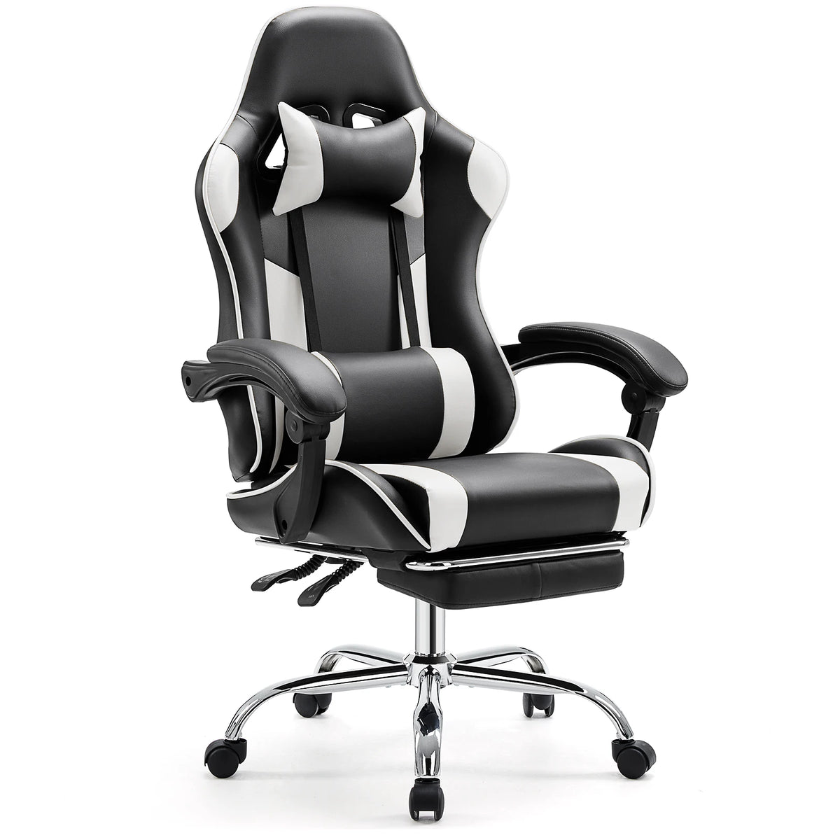 Silla gamer negra con paneles blancos, respaldo alto, reposapiés y base giratoria