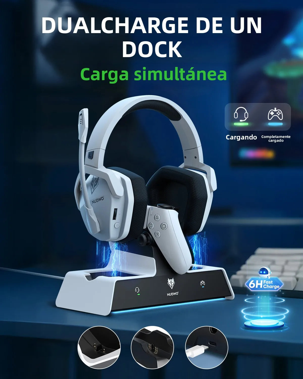 Auriculares inalámbricos para juegos NUBWO G06 con estación de carga para auriculares y control de PS5, auriculares para juegos con batería de larga duración