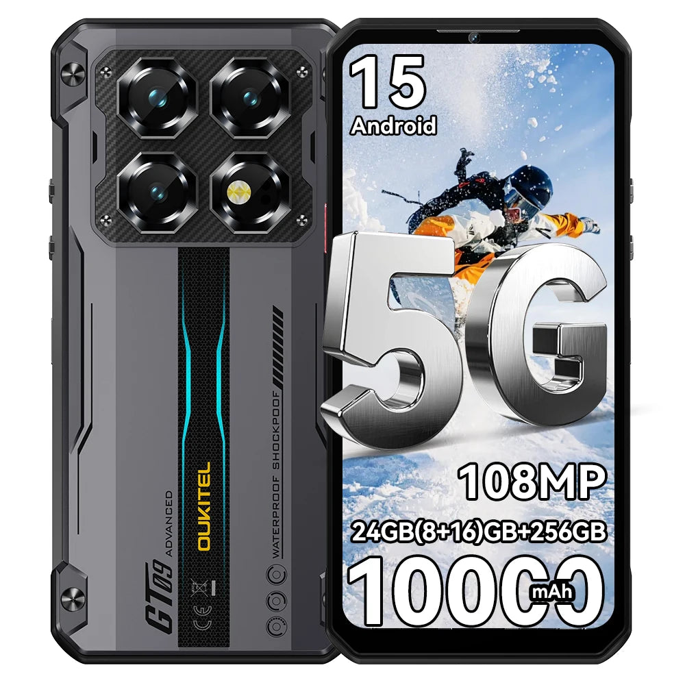 OUKITEL WP60 5G 24GB (8+16)GB+256GB ROM, Pantalla HD+ de 7.2” y 120Hz, Teléfono Inteligente MTK 7025, Teléfono Resistente de 10000mAh, 108MP, Android 15, NFC