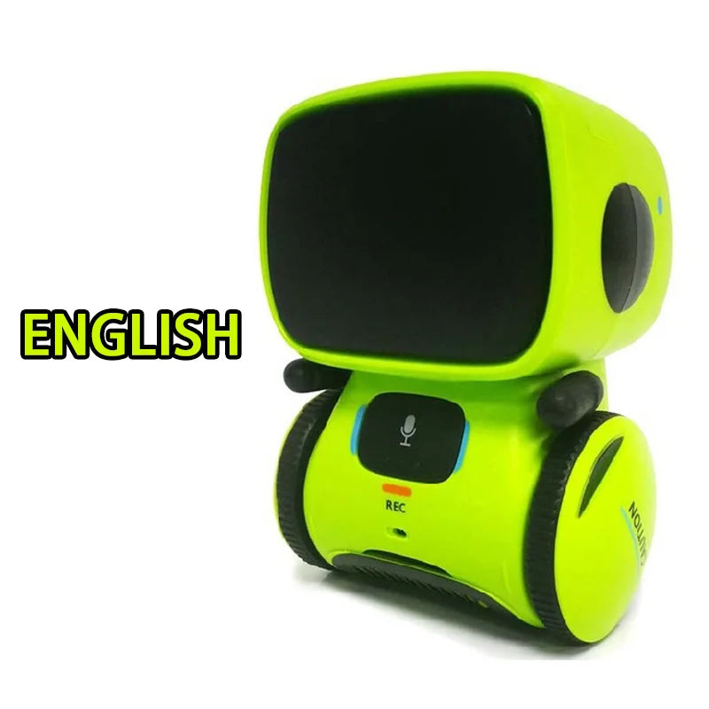 Robot educativo amarillo-verde con pantalla oscura y panel frontal gris oscuro