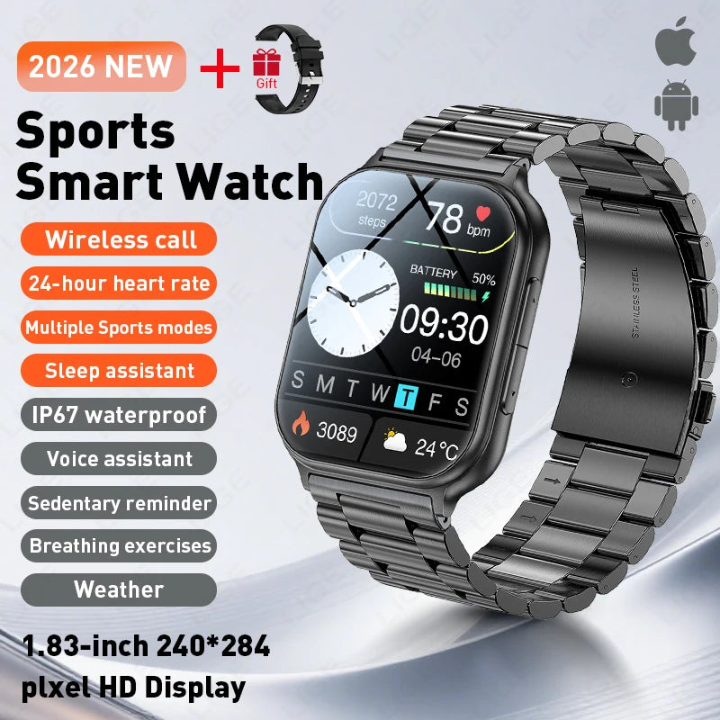 LIGE Nuevo Reloj Inteligente de 700mAh para Hombres y Mujeres, Deportivo, Rastreador de Fitness, Impermeable, Monitor de Frecuencia Cardíaca 24H Integrado, Llamadas Bluetooth, Smartwatch HD de 1.83"