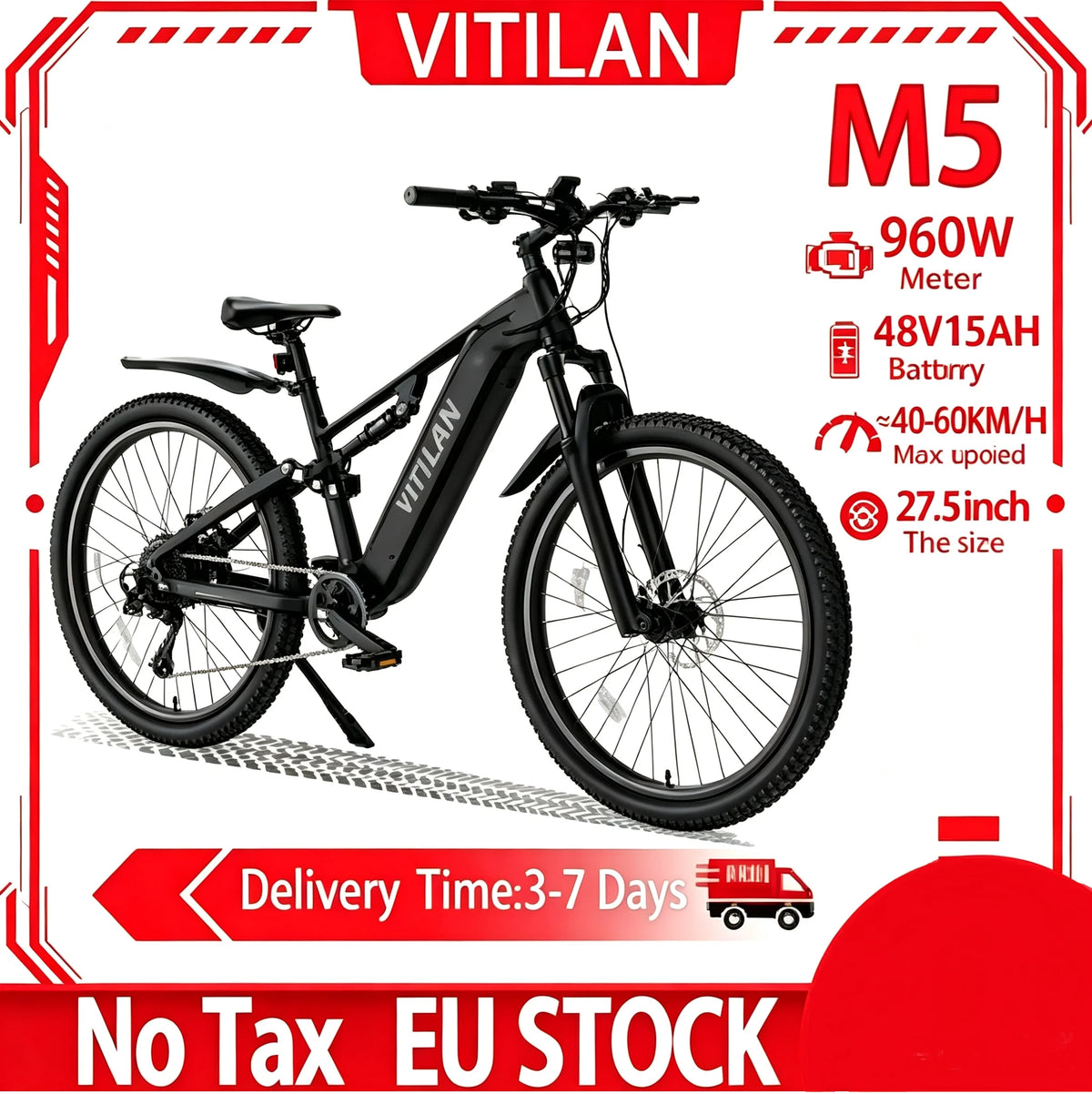 Bicicleta eléctrica VITILAN M5, 1000W, 48V 15Ah, sensor de par de 90-100 Nm, neumáticos de 27.5*2.8 pulgadas, cuadro de aluminio, 9 velocidades, para adultos y viajes al aire libre
