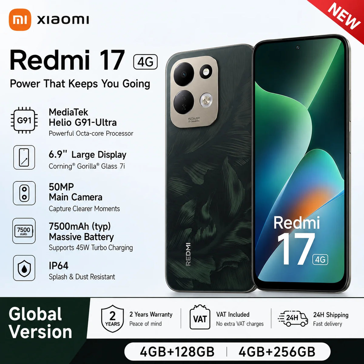 Global version NEW Xiaomi Redmi 17 4G Smartphone Xiaomi HyperOS 3 MediaTek Helio G91-Ultra 6.9" Display 120Hz 7500mAh 45W fast charging