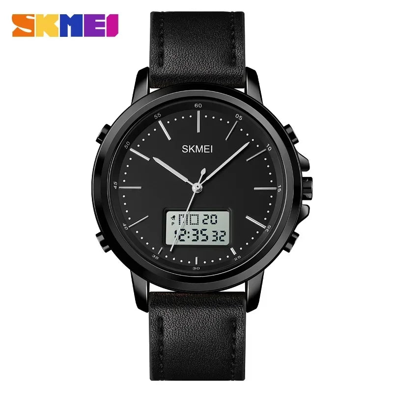 SKMEI 1652 Reloj impermeable con correa de cuero para hombre, reloj de pulsera digital, cronógrafo, alarma, pantalla dual, informal