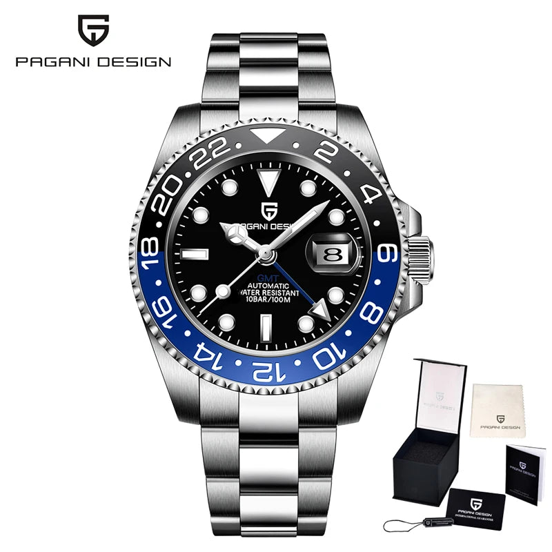 PAGANI DESIGN 40mm Reloj mecánico de lujo para hombre, reloj GMT de acero inoxidable, marca de alta gama, cristal de zafiro, relojes para hombre
