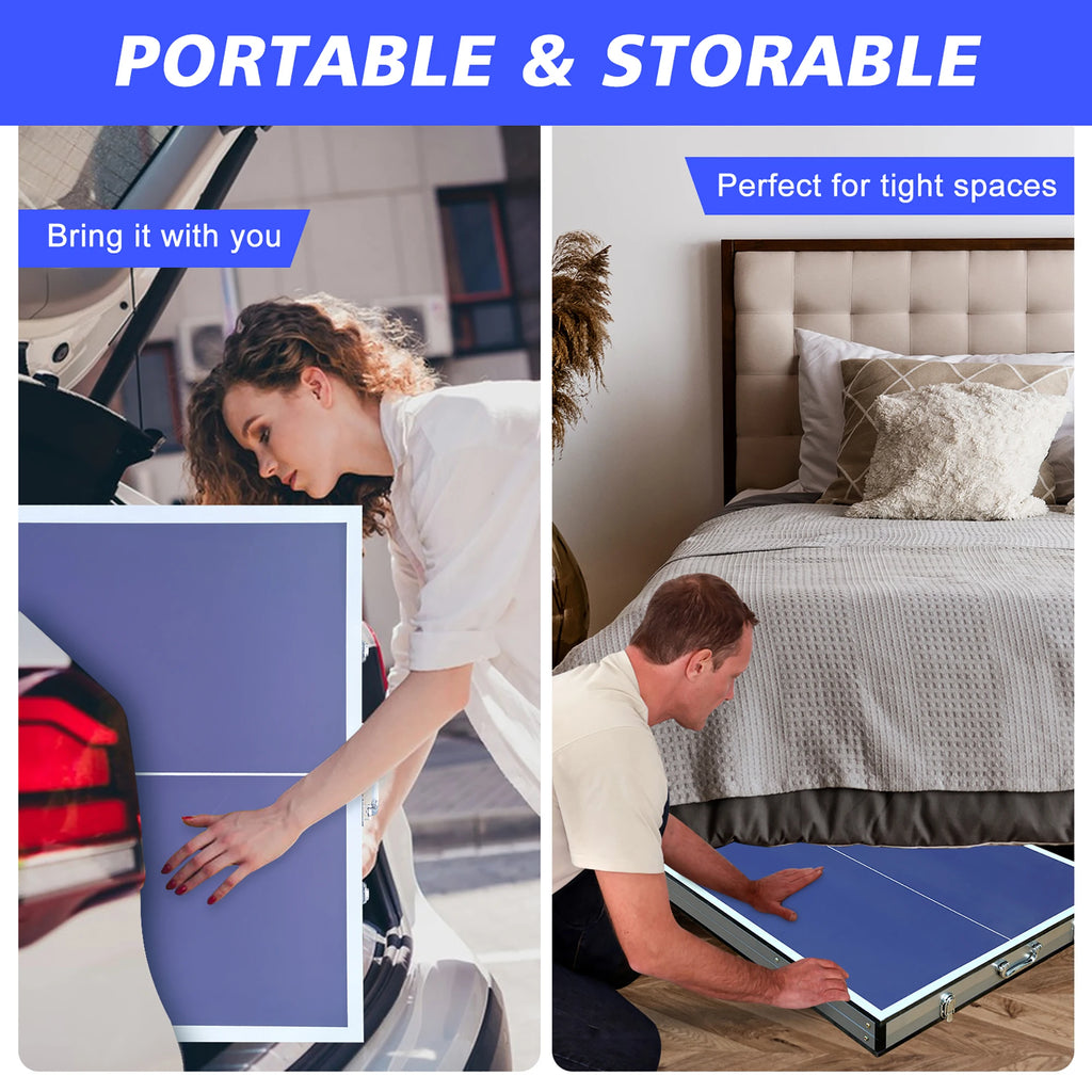 Mesa de ping-pong plegable con red, 2 palas y 3 pelotas - Panel azul de alta densidad, diseño estable de 6 patas, portátil para uso en interiores/exteriores, para niños y adultos