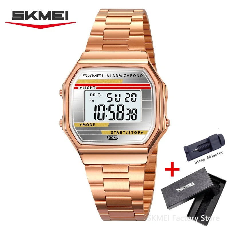 SKMEI Stainless Steel Watch for Men LED Men's Digital Wristwatches Light Retro Square Gold Case Stopwatch Alarm Classic Reloj