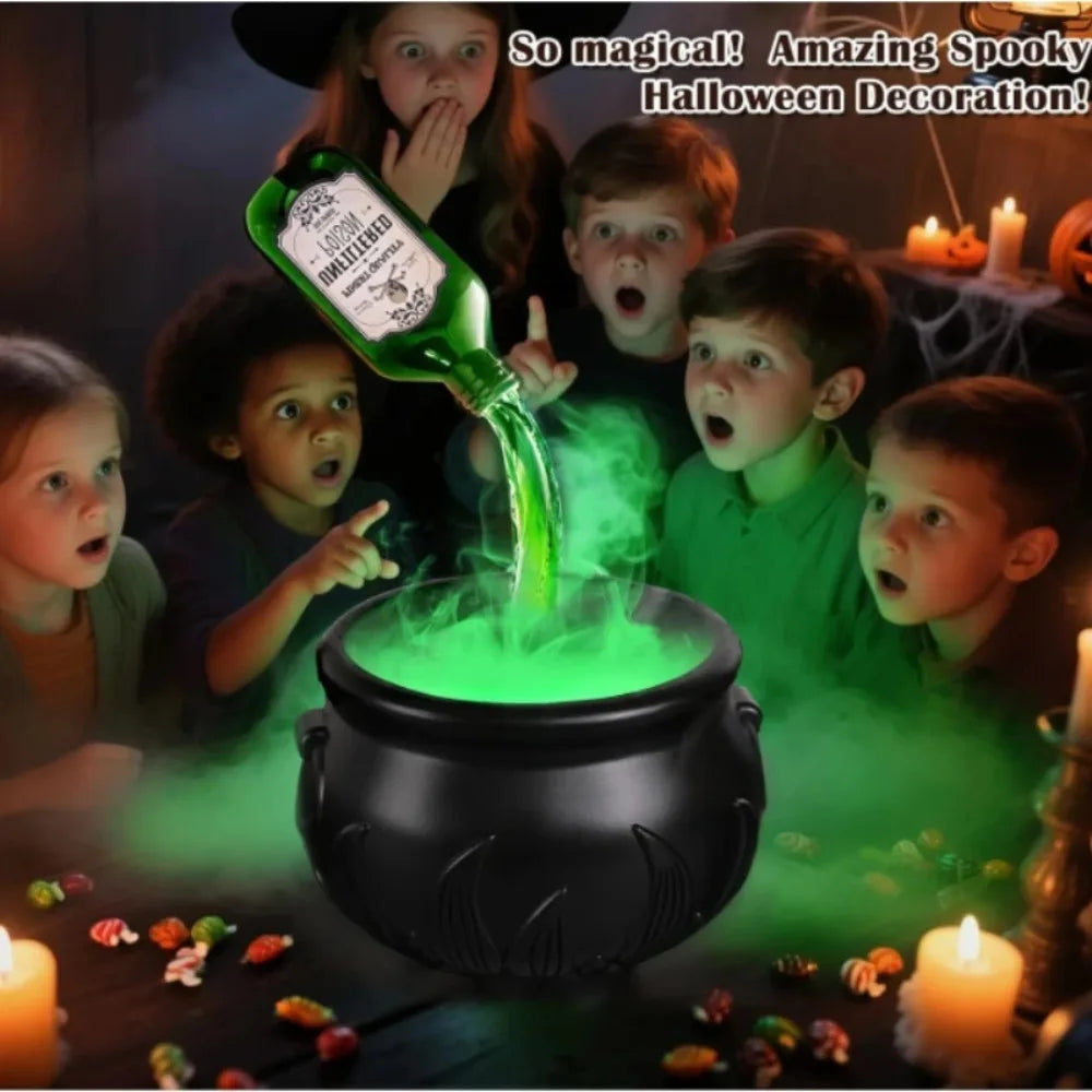 Decoraciones para fiestas, decoración del hogar, caldero de bruja, máquina de niebla con botella flotante, calavera, luz LED, accesorio de Halloween, brujería espeluznante