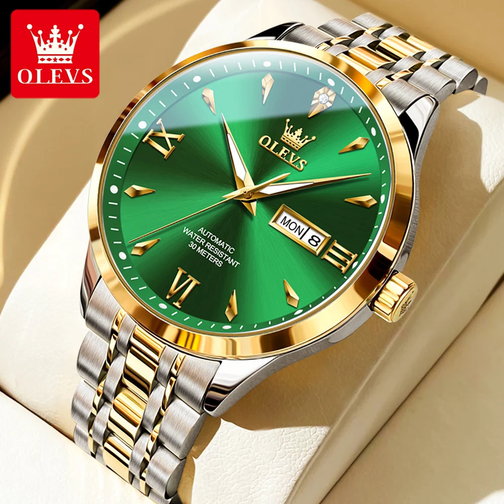 Reloj mecánico automático OLEVS 9956 para hombre, de acero inoxidable, resistente al agua, con fecha y día, versión de lujo original mejorada