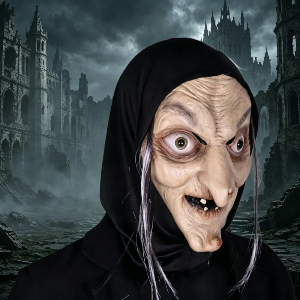 Máscara Realista de Bruja Malvada con Capucha y Cabello, Máscara de Látex para Fiesta de Halloween, Cosplay, Broma, Accesorios